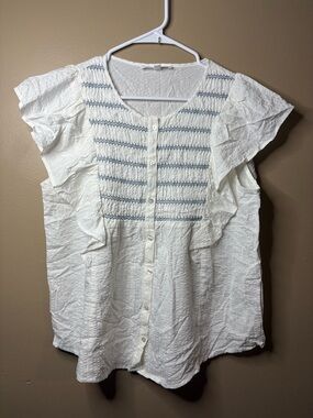 Jane and Delancey White Blouse with Light Blue Smocking